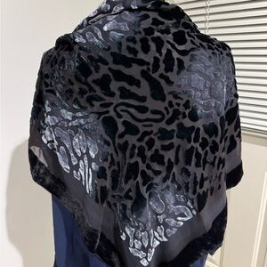 Elegant Black and bluish Gray sheer & velvet Patterned Scarf - roughly 41”x41”